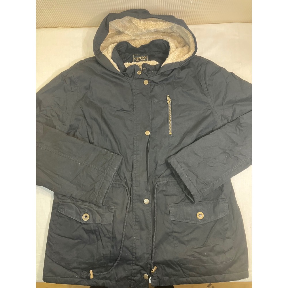 C'est Toi‎ Womens 2XL Black Faux Fur Lined Hooded Utility Parka Jacket GJ81085